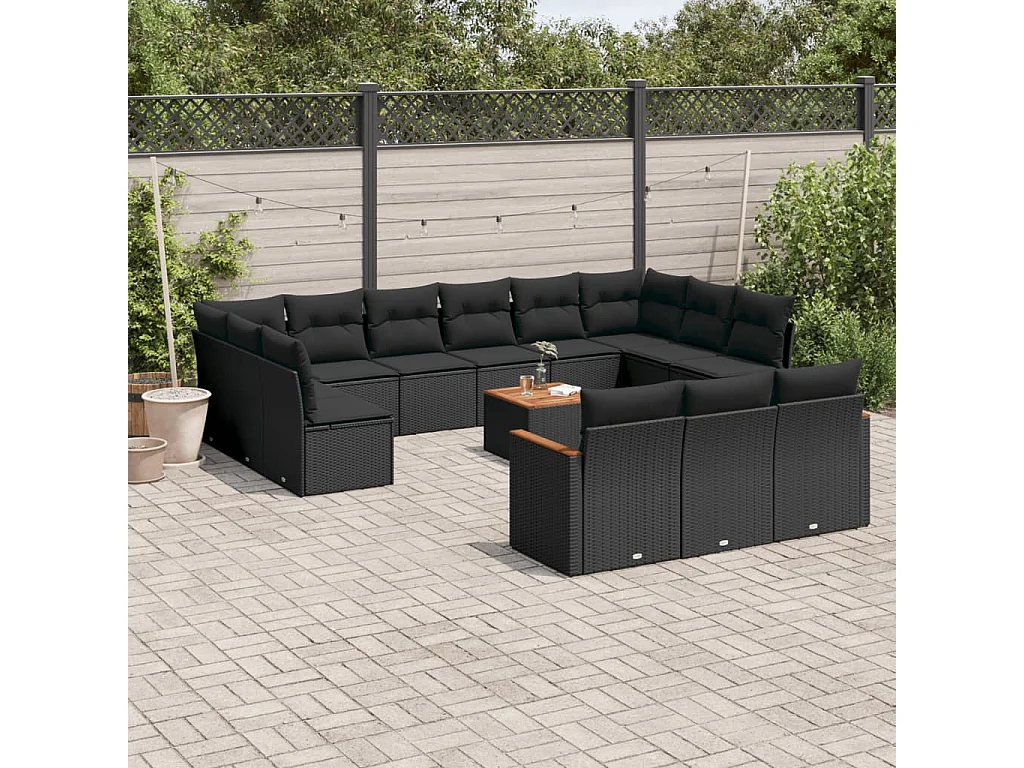 Salon de jardin avec coussins 14 pcs noir résine tressée