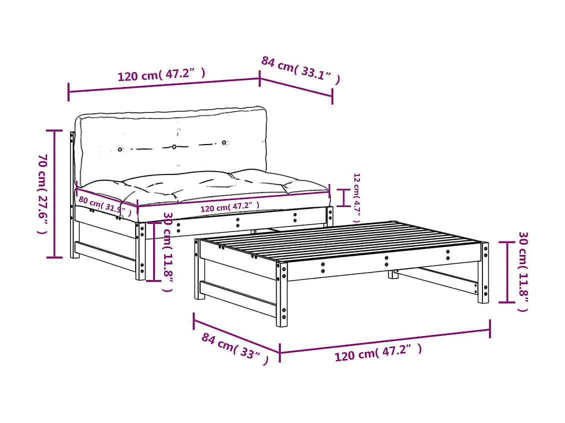 Salon de jardin 2 pcs avec coussins bois massif douglas