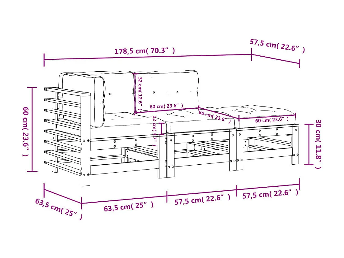 Salon de jardin 3 pcs avec coussins bois massif douglas