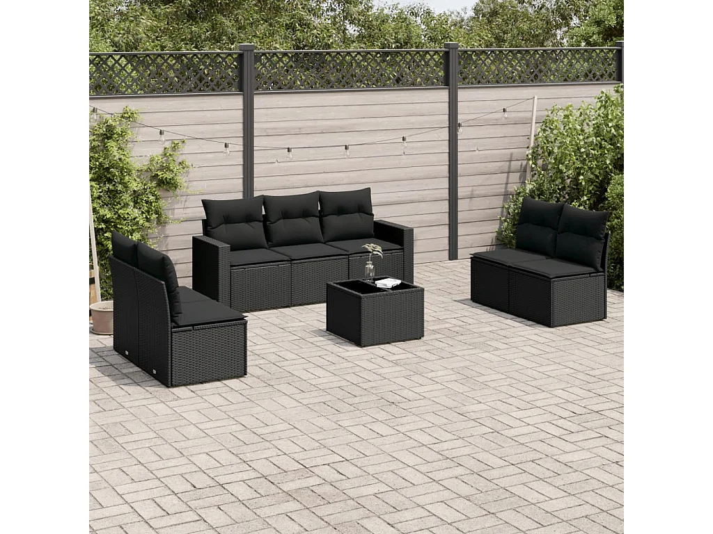 Salon de jardin 8 pcs avec coussins noir résine tressée