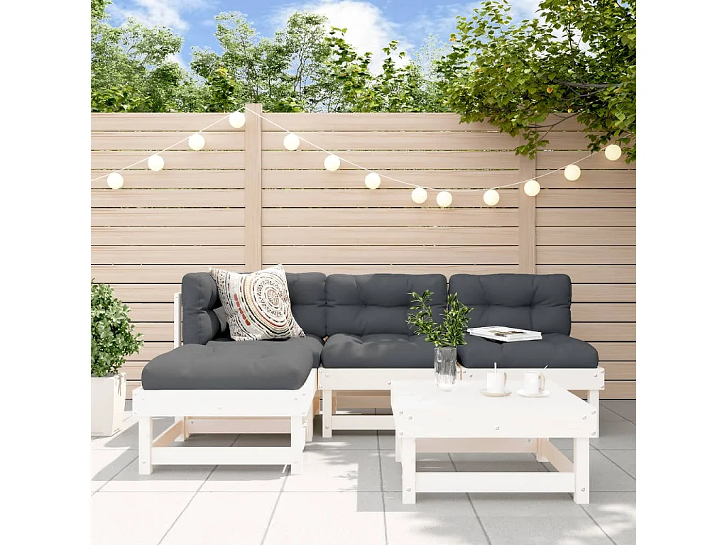Salon de jardin 5 pcs avec coussins blanc bois massif