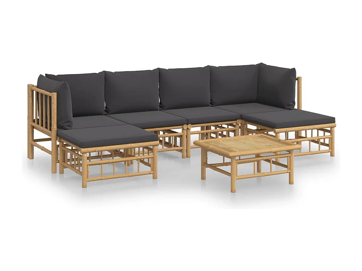 Salon de jardin 7 pcs avec coussins gris foncé bambou