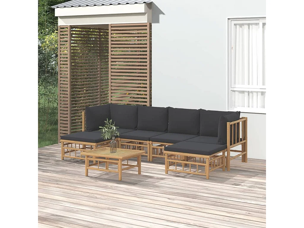 Salon de jardin 7 pcs avec coussins gris foncé bambou