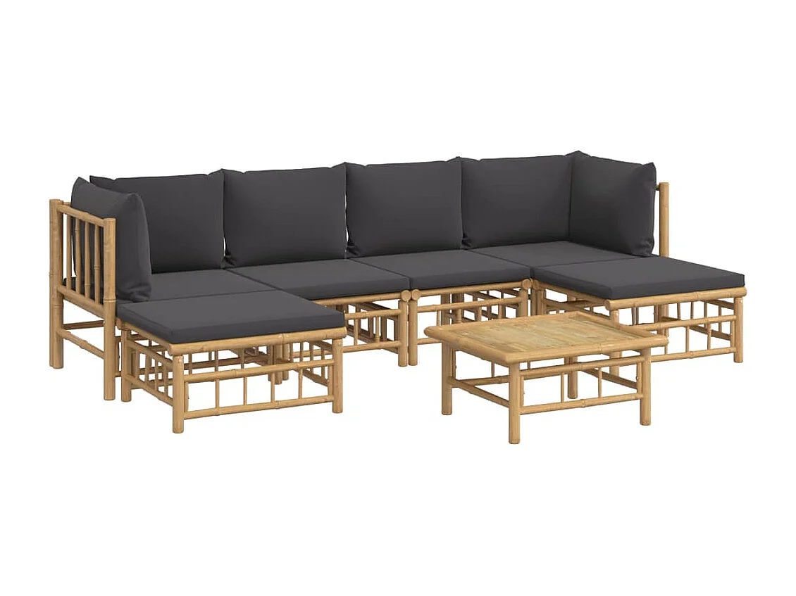 Salon de jardin 7 pcs avec coussins gris foncé bambou