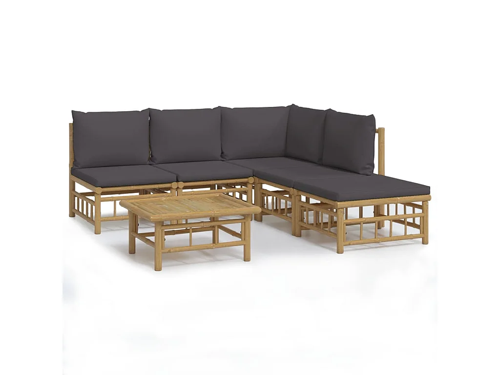 Salon de jardin 6 pcs avec coussins gris foncé bambou
