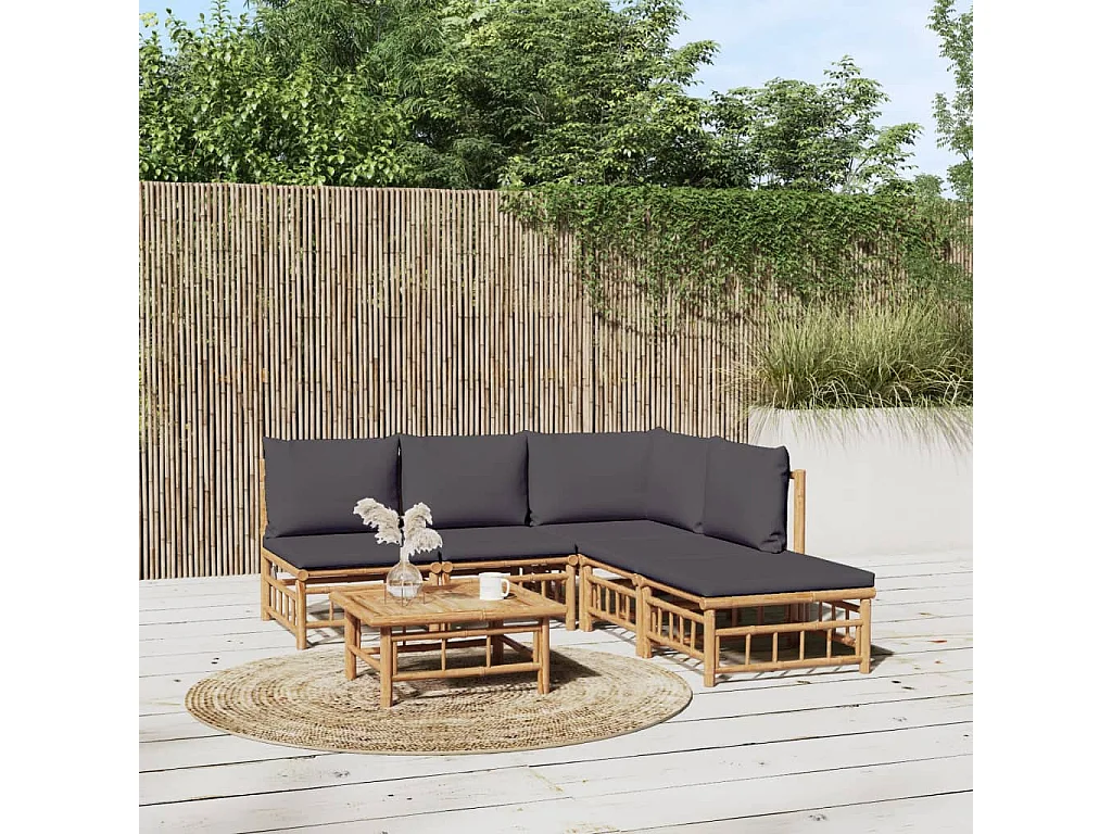 Salon de jardin 6 pcs avec coussins gris foncé bambou