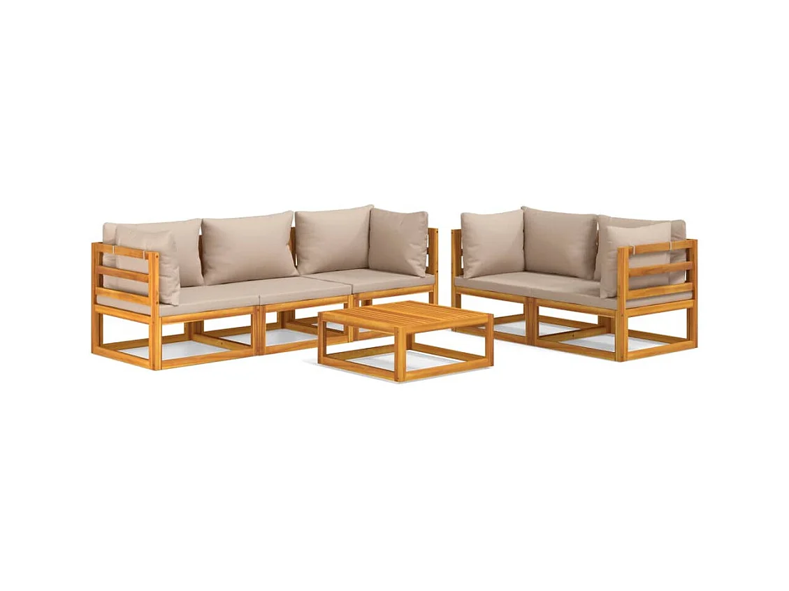 Salon de jardin 6 pcs avec coussins taupe bois massif