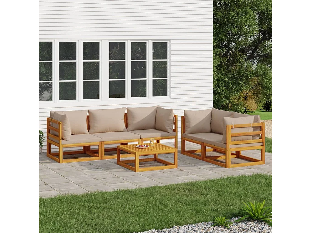 Salon de jardin 6 pcs avec coussins taupe bois massif