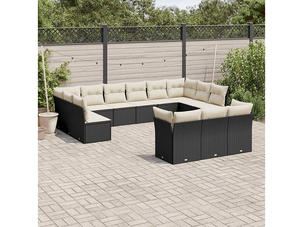 Salon de jardin avec coussins 13 pcs noir résine tressée