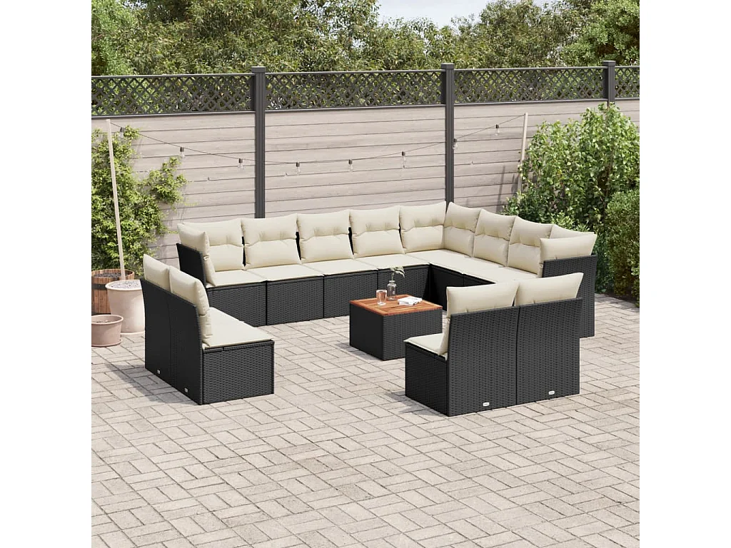 Salon de jardin avec coussins 13 pcs noir résine tressée