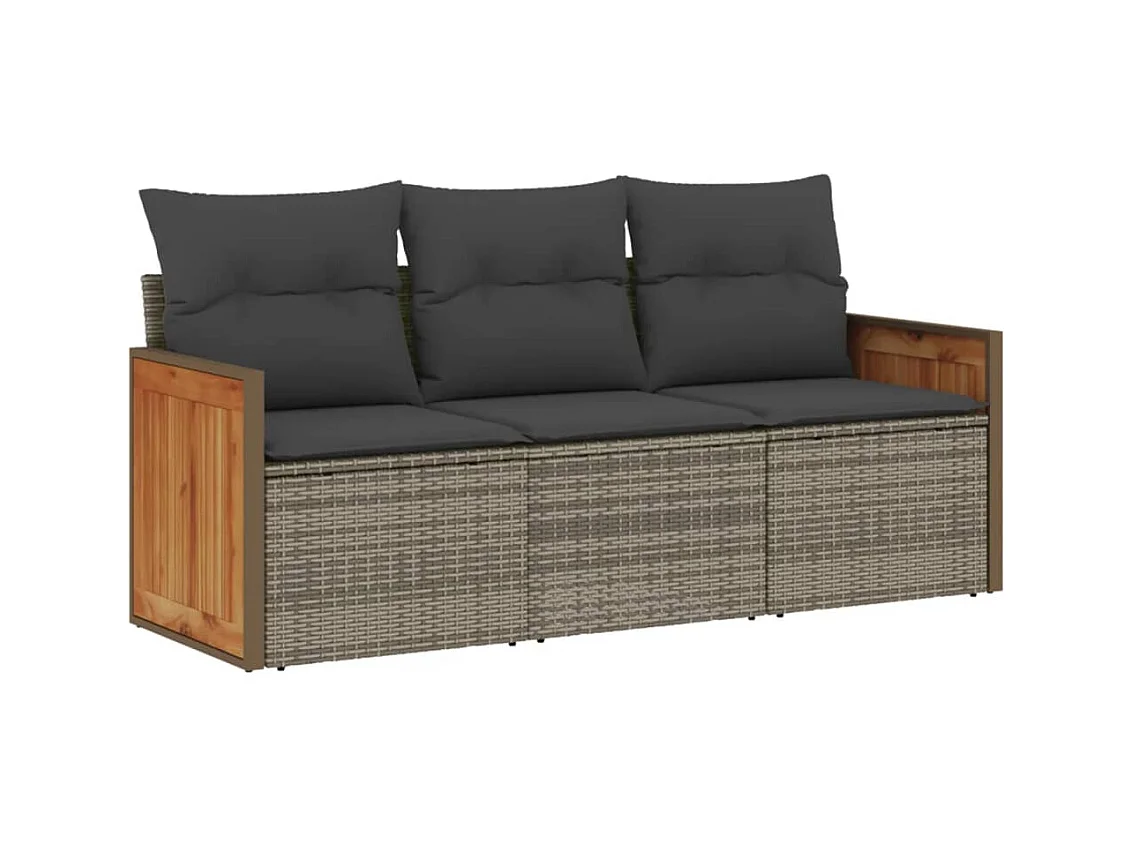 Salon de jardin avec coussins 3 pcs gris résine tressée