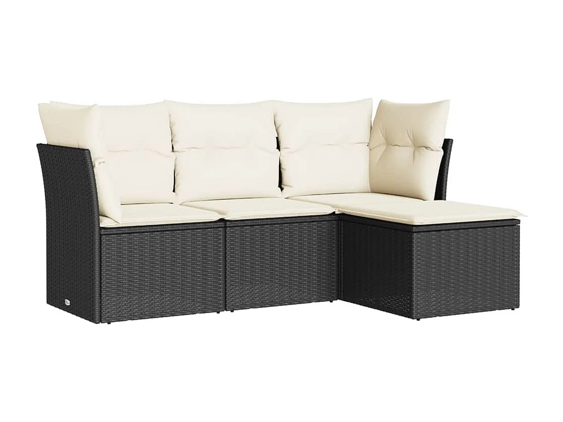 Salon de jardin 4 pcs avec coussins noir résine tressée