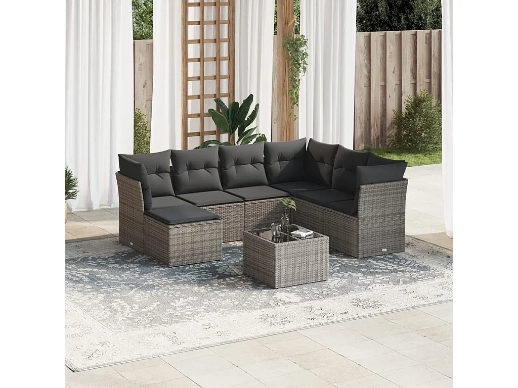Salon de jardin 8 pcs avec coussins gris résine tressée