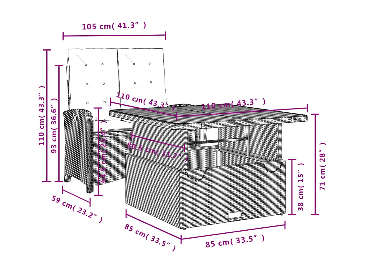 Ensemble à manger de jardin et coussins 2 pcs gris rotin