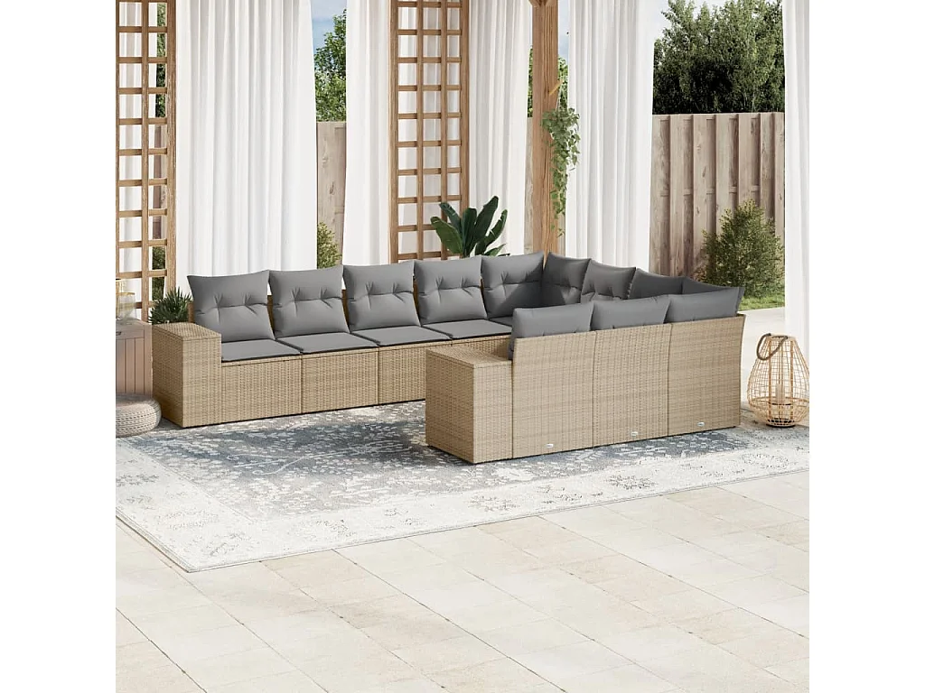 Salon de jardin avec coussins 10 pcs beige résine tressée