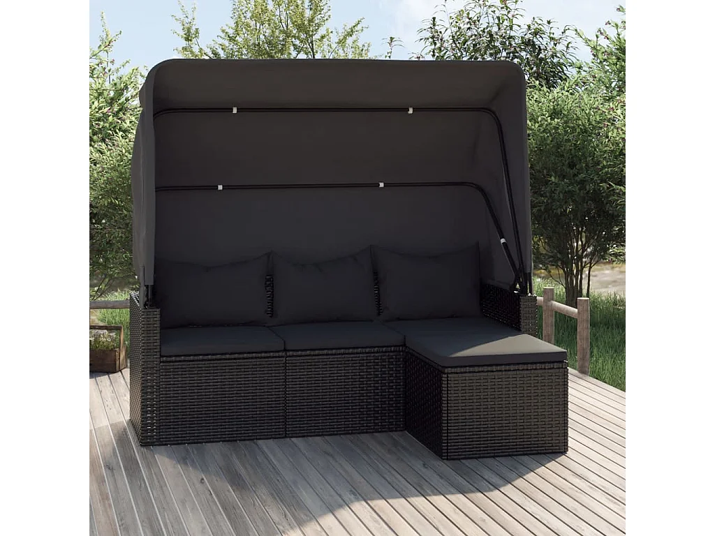Canapé de jardin 3 places avec toit et repose-pieds Noir