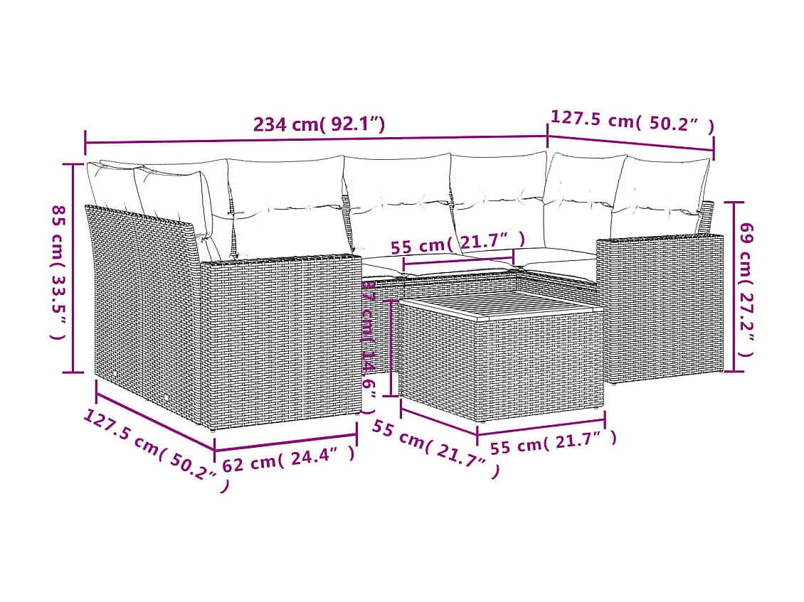 Salon de jardin avec coussins 7 pcs beige résine tressée