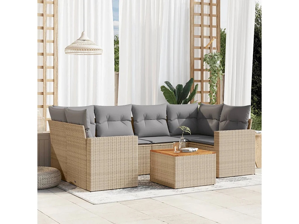 Salon de jardin avec coussins 7 pcs beige résine tressée