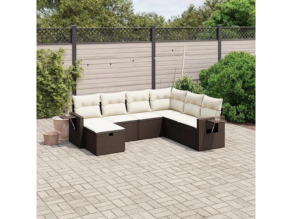 Salon de jardin avec coussins 7 pcs marron résine tressée