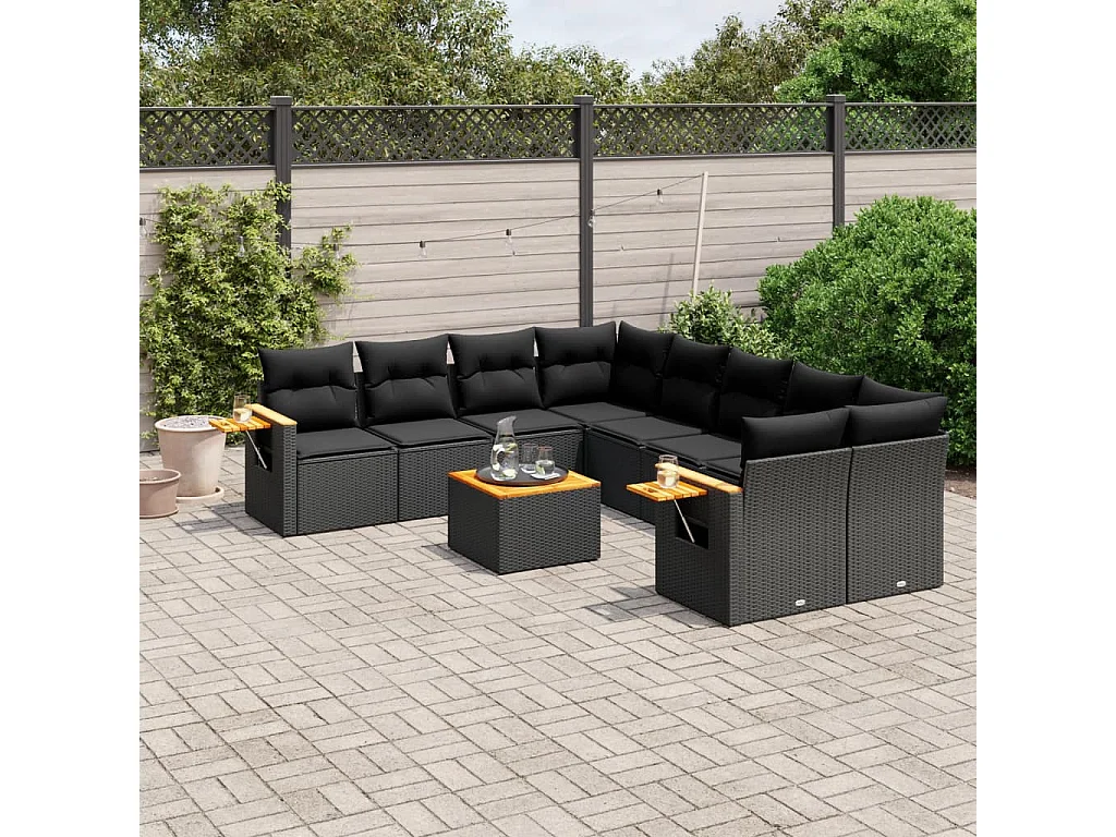 Salon de jardin 9 pcs avec coussins noir résine tressée