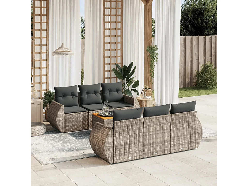 Salon de jardin avec coussins 7 pcs gris résine tressée