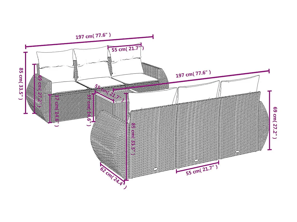 Salon de jardin avec coussins 7 pcs gris résine tressée