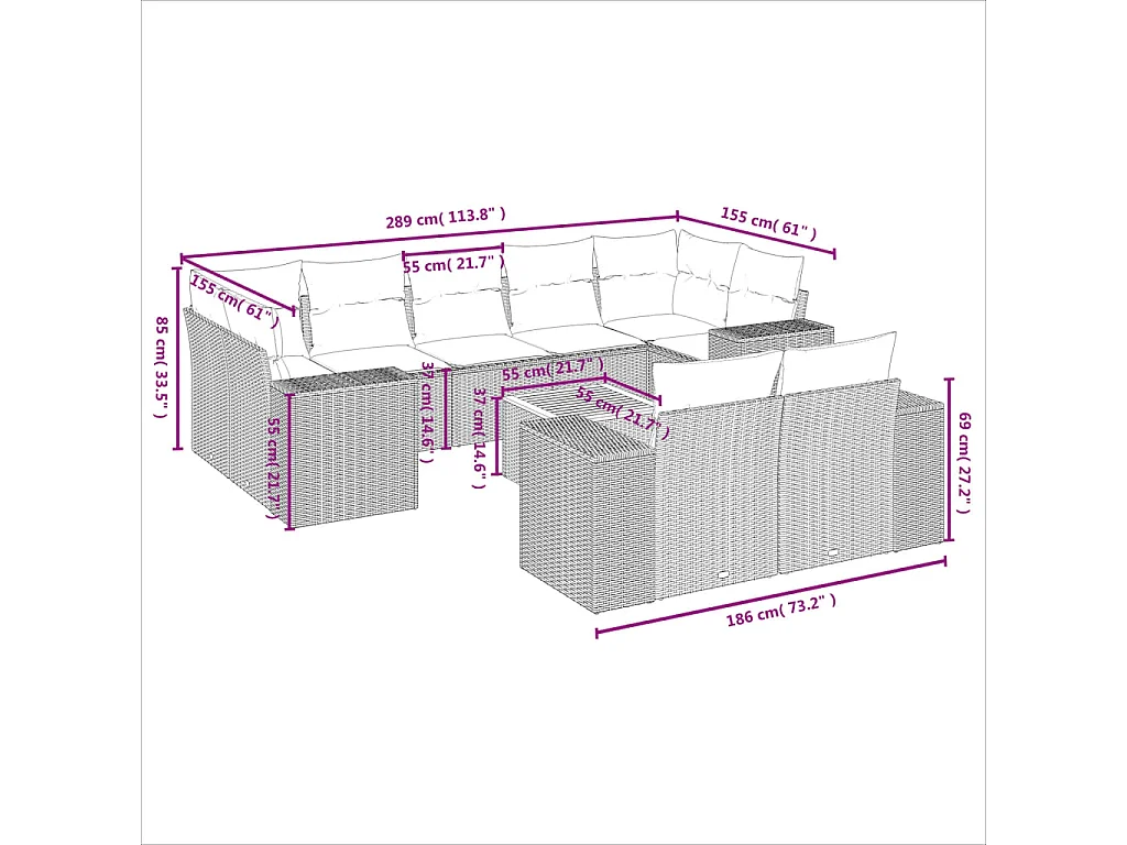 Salon de jardin 10 pcs avec coussins noir résine tressée