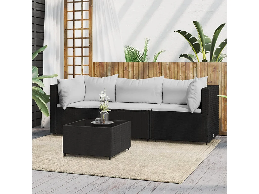 Salon de jardin 4 pcs avec coussins Noir Résine tressée