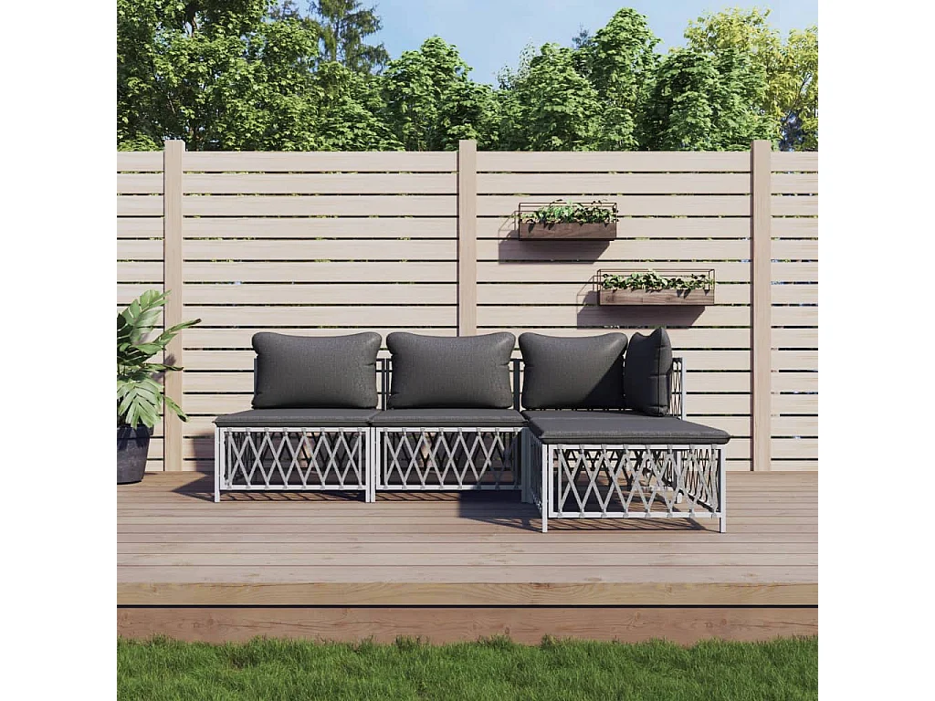 Salon de jardin 4 pcs avec coussins blanc acier