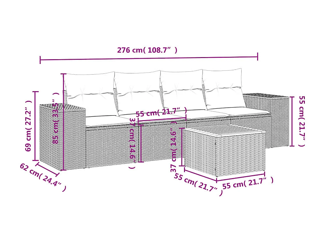 Salon de jardin 5 pcs avec coussins gris résine tressée