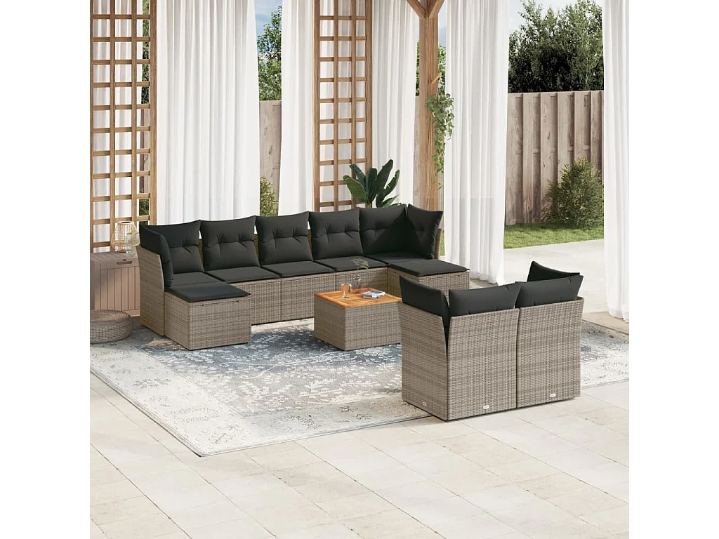 Salon de jardin avec coussins 10 pcs gris résine tressée
