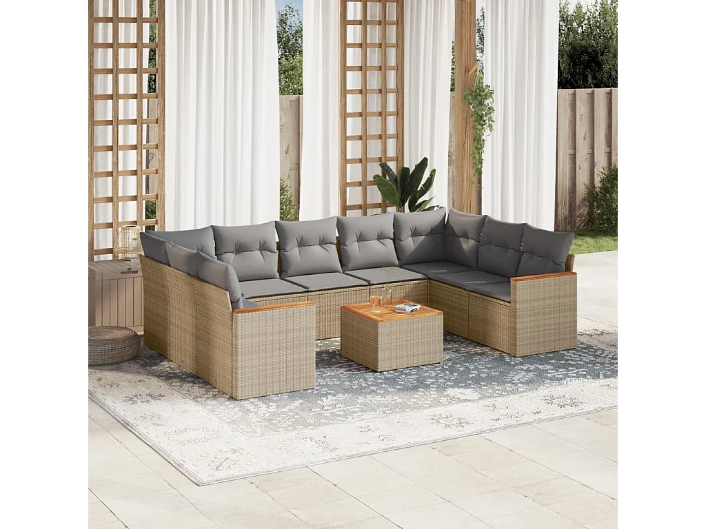 Salon de jardin et coussins 10 pcs mélange beige résine tressée