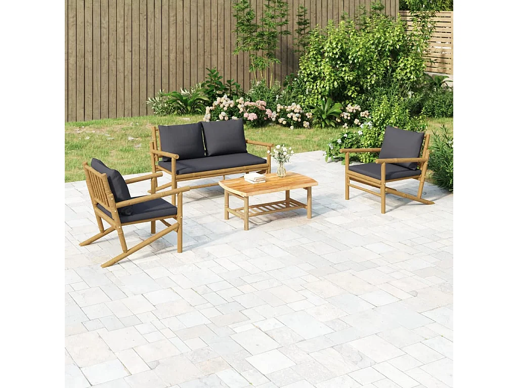 Salon de jardin 4 pcs avec coussins gris foncé bambou