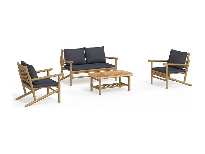 Salon de jardin 4 pcs avec coussins gris foncé bambou