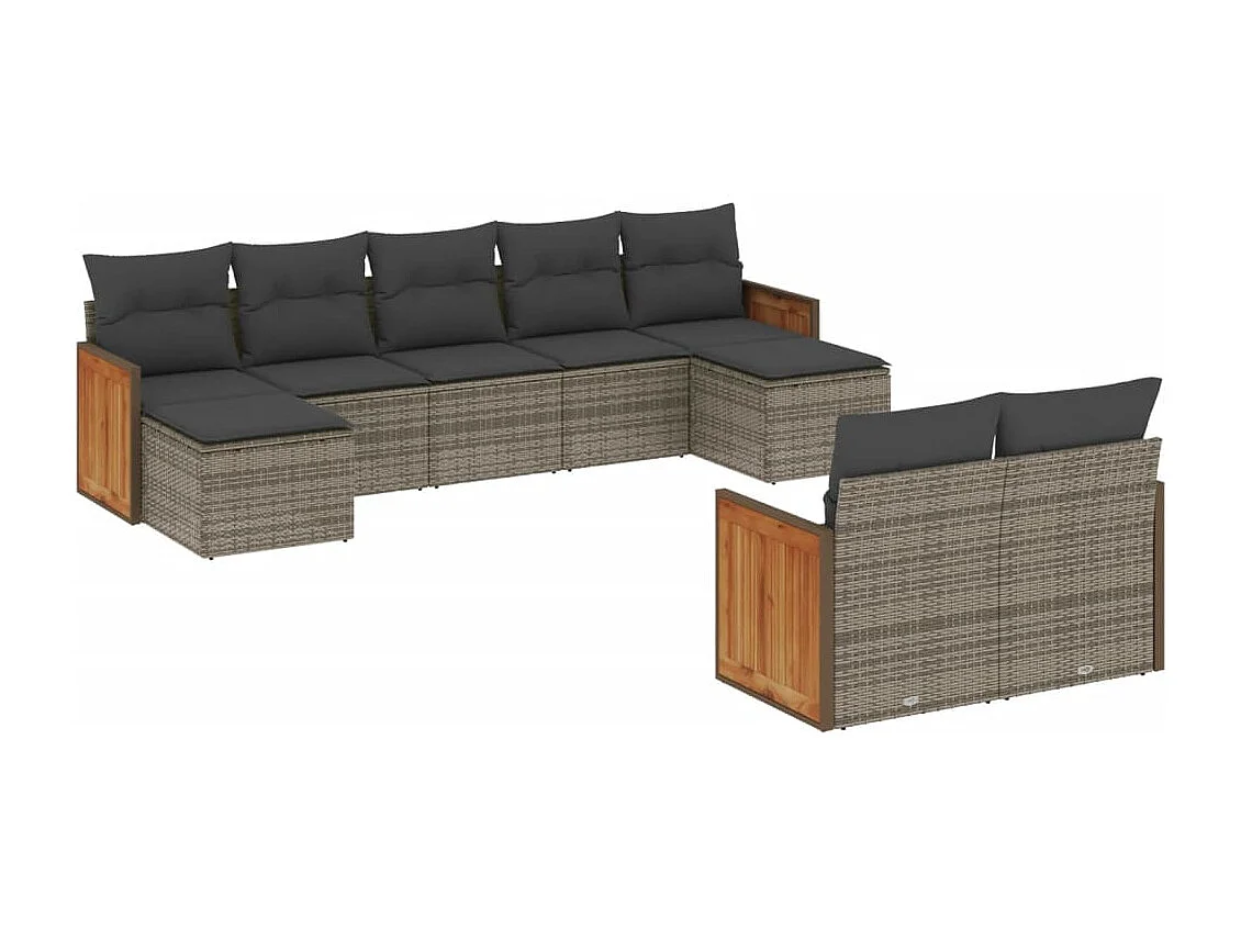 Salon de jardin 9 pcs avec coussins gris résine tressée