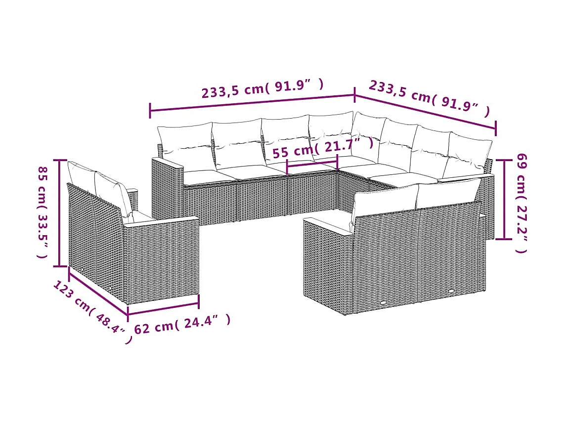 Salon de jardin 11 pcs avec coussins noir résine tressée