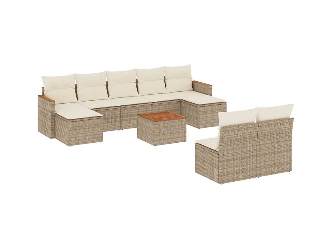 Salon de jardin avec coussins 10 pcs beige résine tressée