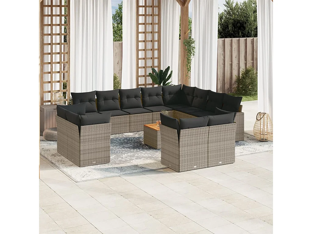 Salon de jardin avec coussins 13 pcs gris résine tressée