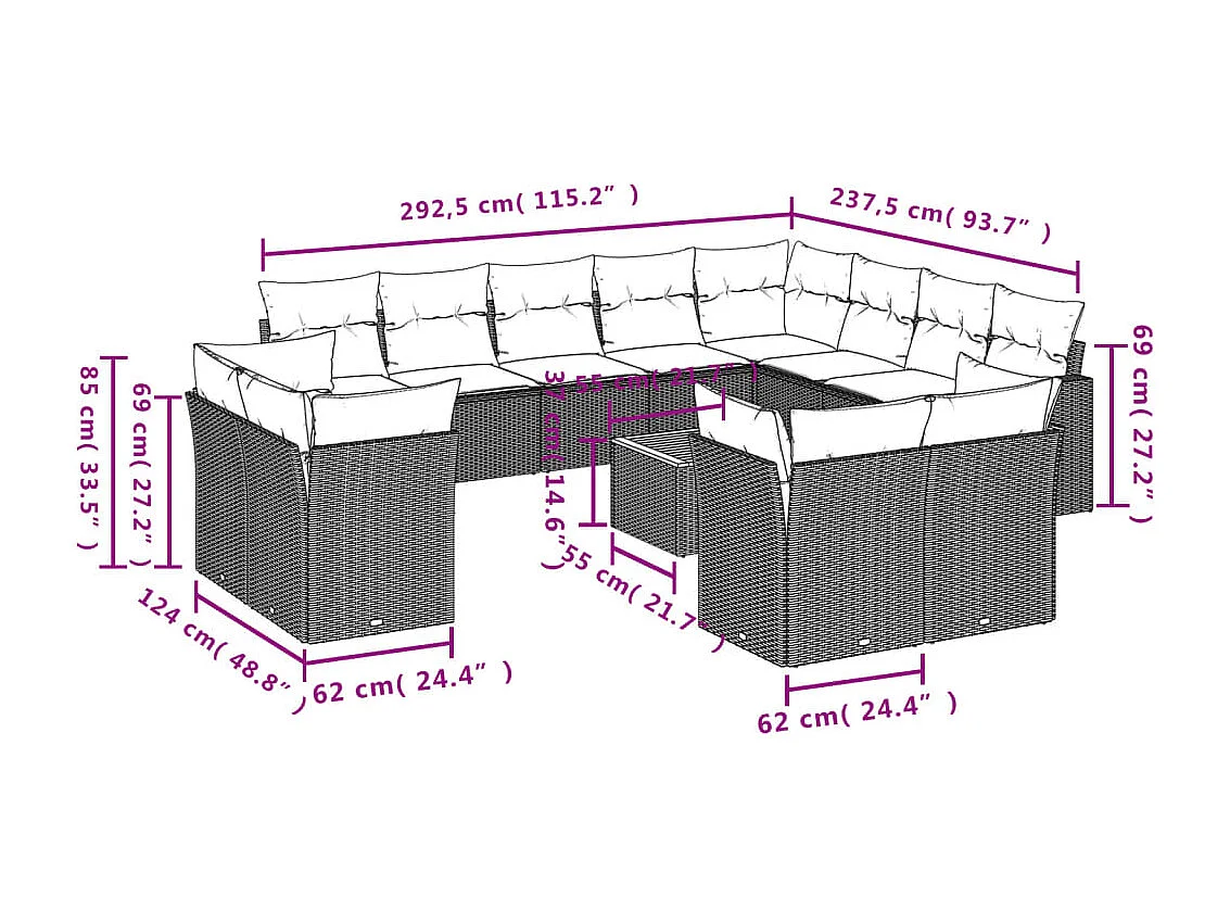 Salon de jardin avec coussins 13 pcs gris résine tressée