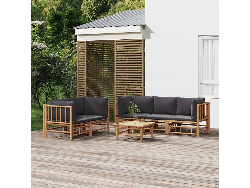 Salon de jardin 6 pcs avec coussins gris foncé bambou