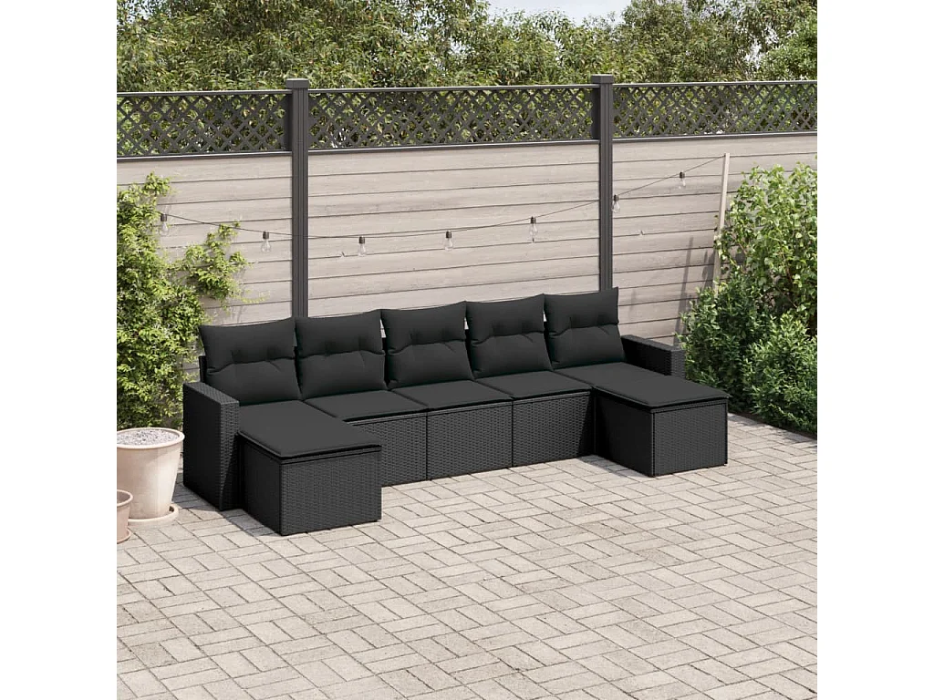Salon de jardin 7 pcs avec coussins noir résine tressée