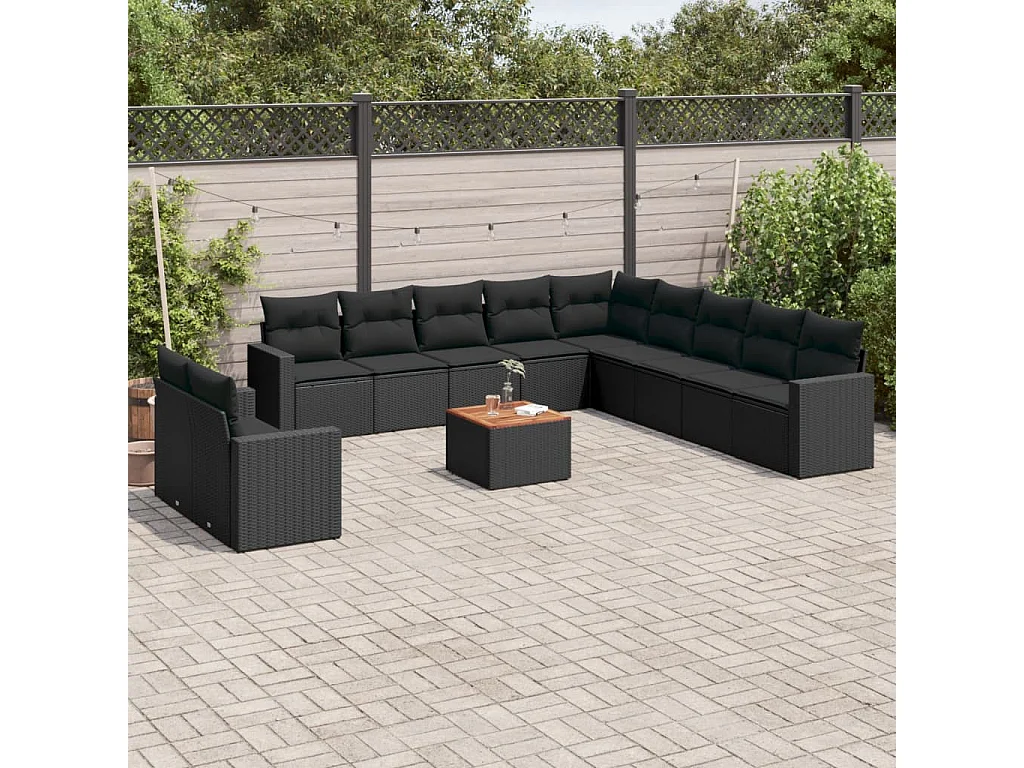 Salon de jardin 12 pcs avec coussins noir résine tressée
