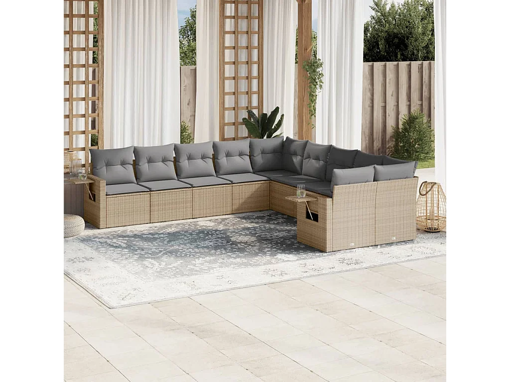 Salon de jardin avec coussins 10 pcs beige résine tressée