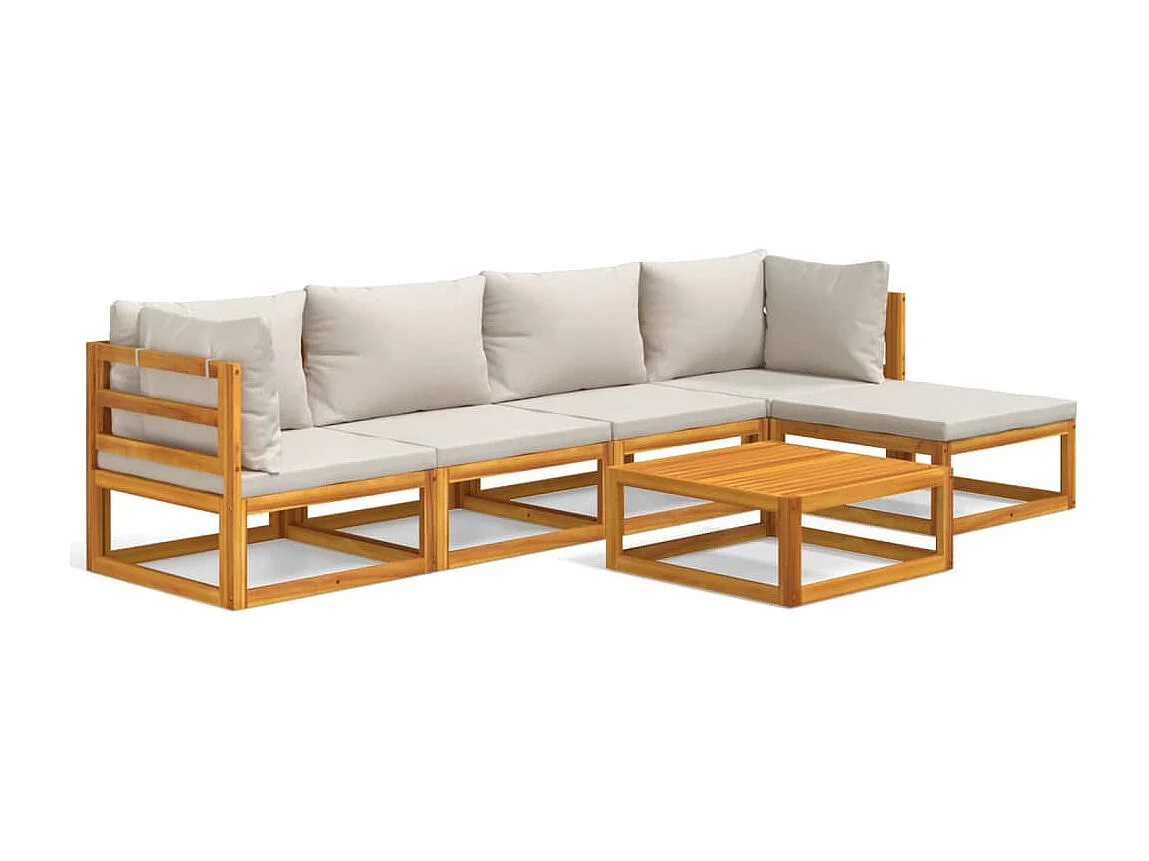 Salon de jardin 6 pcs avec coussins gris clair bois massif