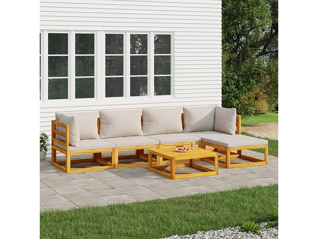 Salon de jardin 6 pcs avec coussins gris clair bois massif