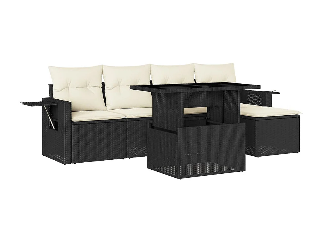 Salon de jardin 6 pcs avec coussins noir résine tressée