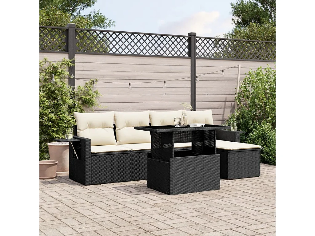Salon de jardin 6 pcs avec coussins noir résine tressée