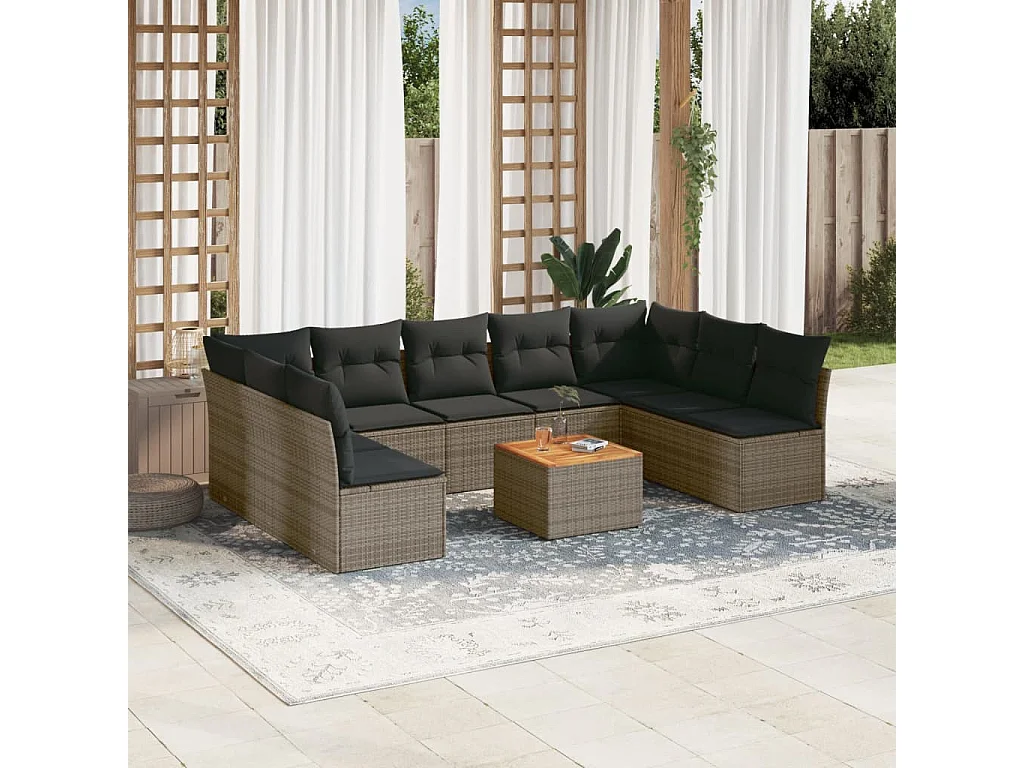 Salon de jardin avec coussins 10 pcs gris résine tressée