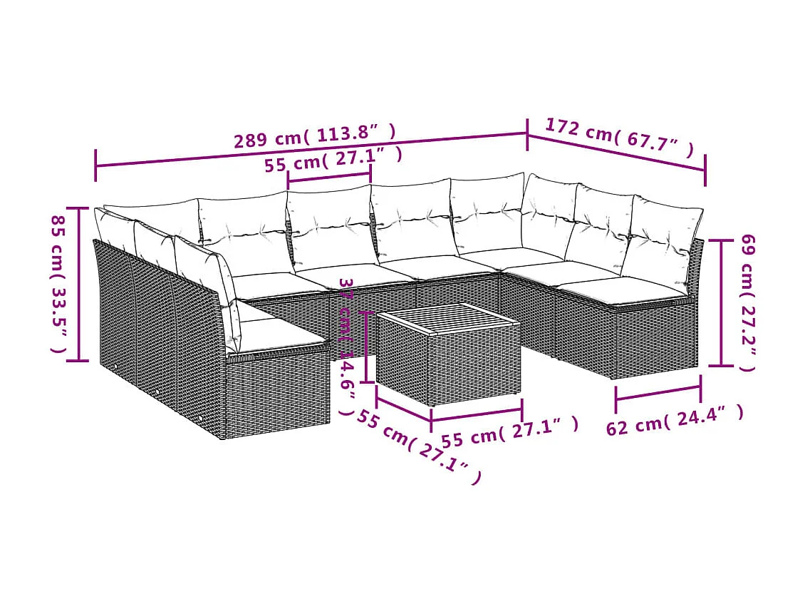 Salon de jardin avec coussins 10 pcs gris résine tressée
