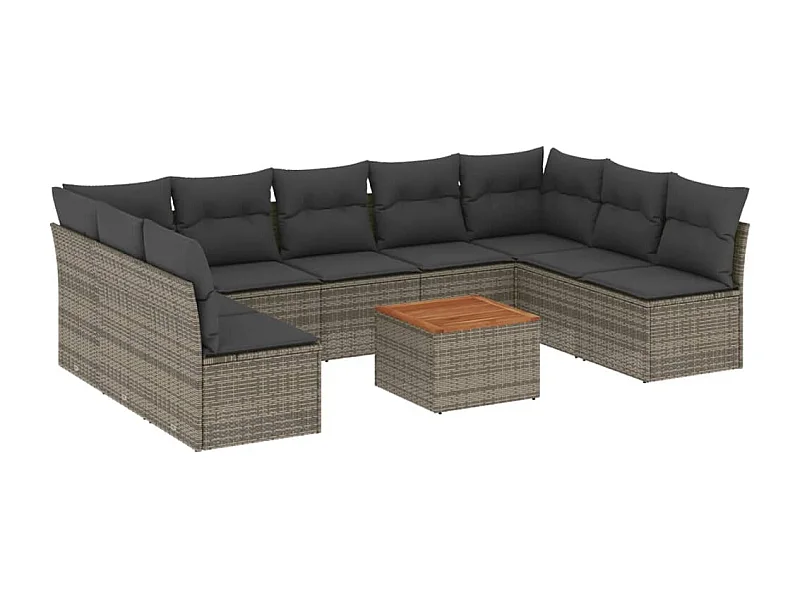 Salon de jardin avec coussins 10 pcs gris résine tressée
